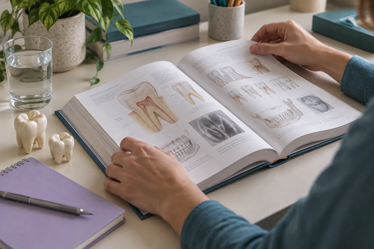 Cena gerada de estudo odontológico: livro, modelos e caderno sobre a mesa.