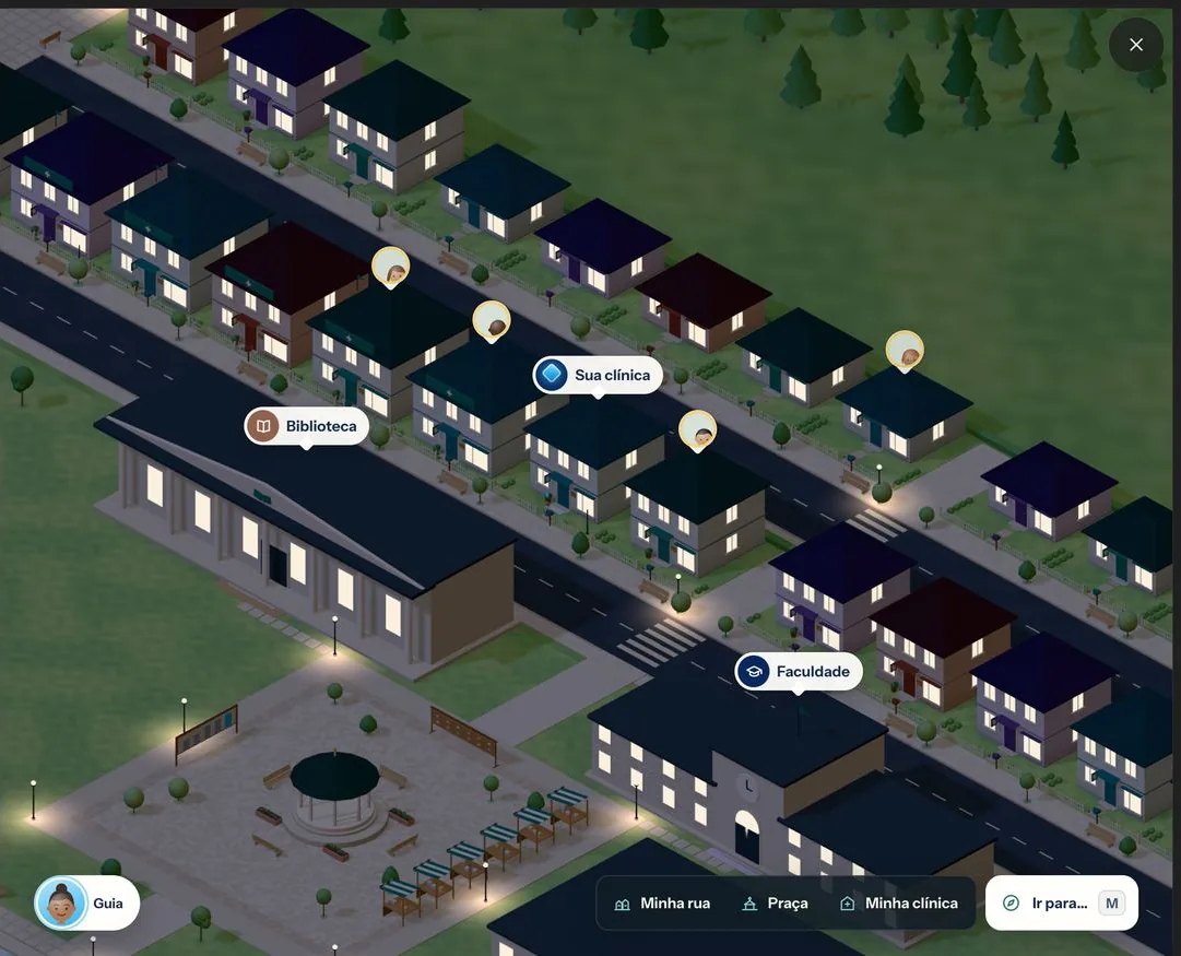 Captura do Mundo 3D à noite: a rua com as clínicas acesas, a biblioteca, a praça e a faculdade.