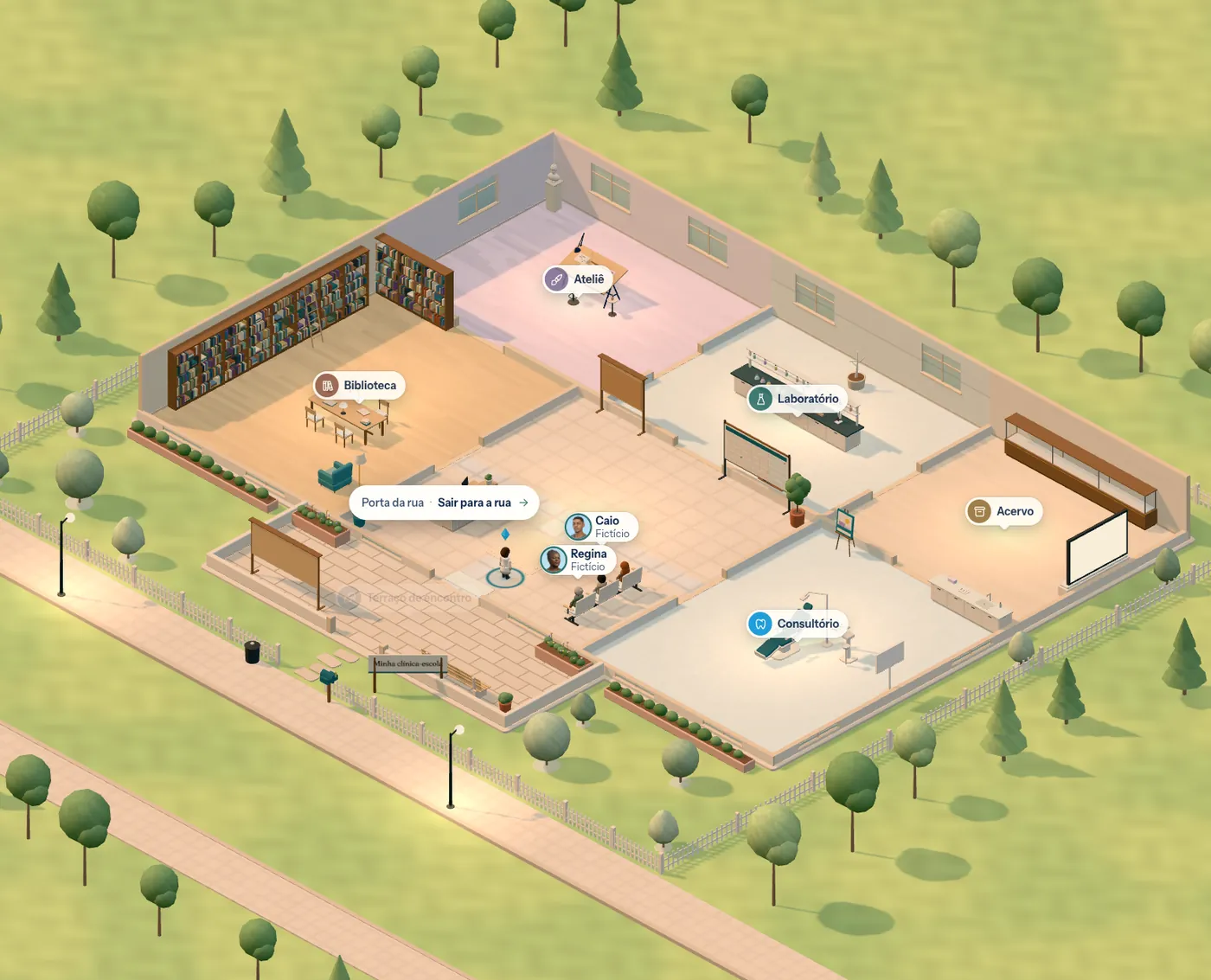 O Mundo 3D da dentrilha: a clínica-escola vista de cima, com recepção, consultório, biblioteca, ateliê e laboratório, e dois pacientes fictícios esperando.